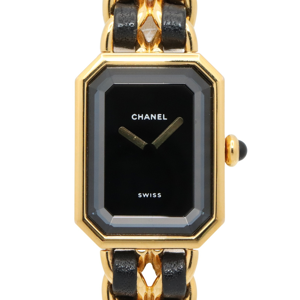 Chanel CHANEL Première L Watch, Gold Plated (GP), Leather Strap, Women's, Bla...